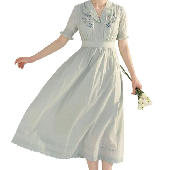 Simply Retro NWT Embroidered Lace Ruched Midi Dress Puff Short Sleeve Size M - Picture 10 of 15